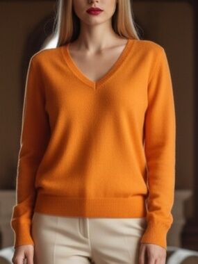 Nordstrom 100% Cashmere Sweater | Orange V-Neck Luxe Knit | Old Money | S